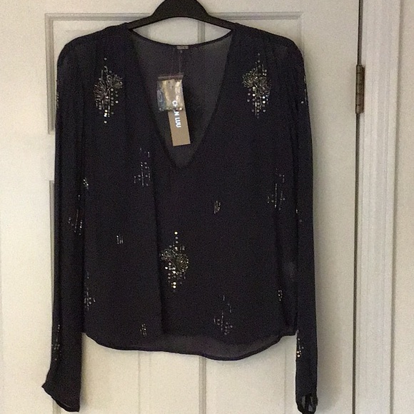 Chan Luu Tops - Embellished Navy Blue Sheer Long Sleeve Top, CHAN LUU, size Large, NWT